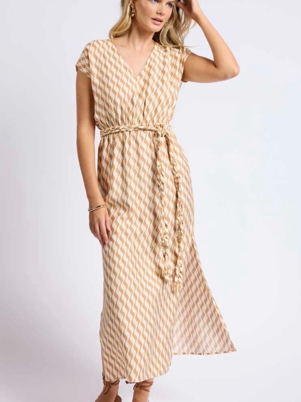 Sage The Label Beige Wave-Print Maxi Dress With Braided Waist Tie